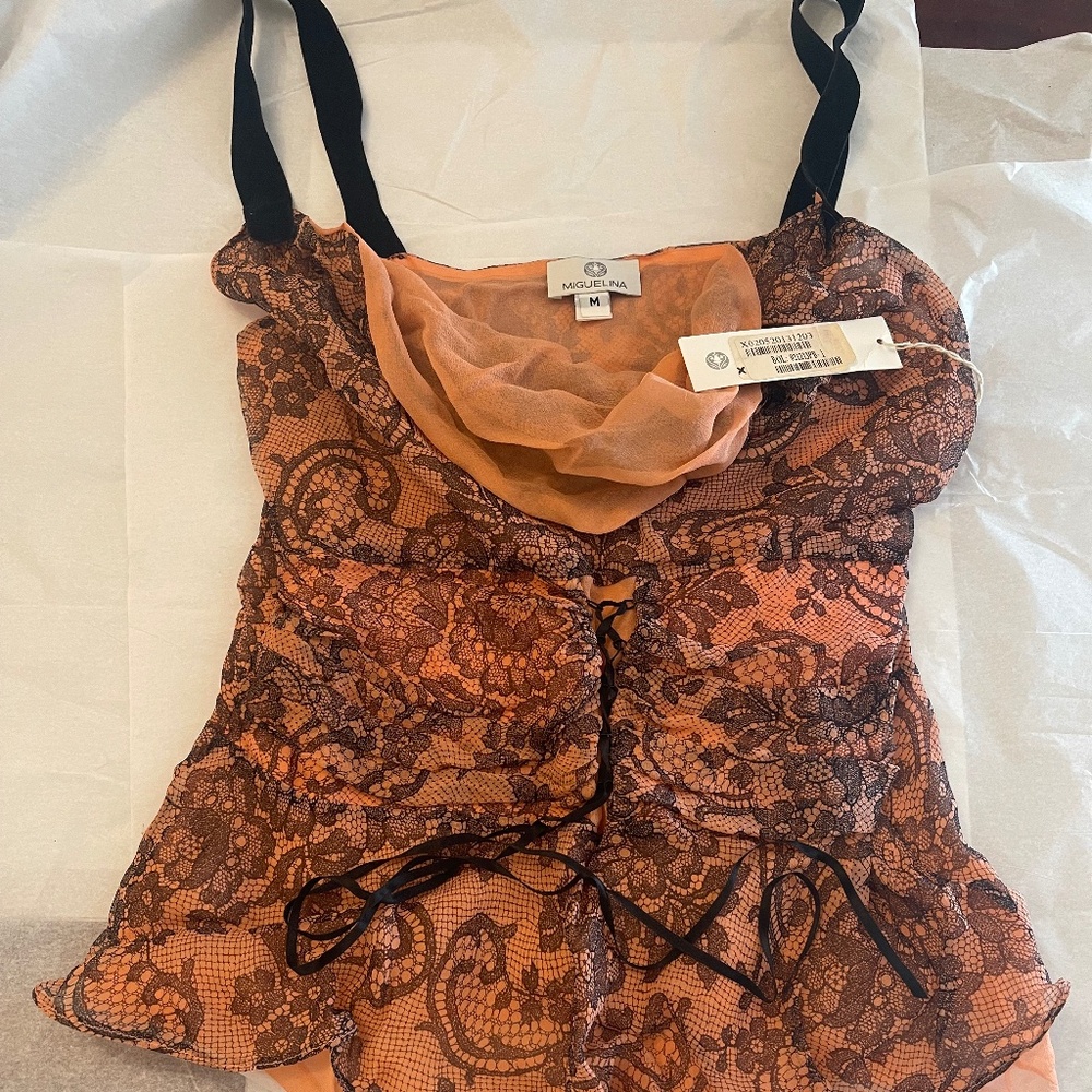 NWT! Miguelina Rita Chantilly Chiffon Lace Top Peach Orange MEDIUM